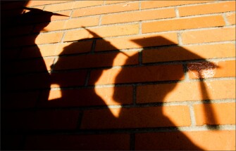 Shadows of Walla Walla (Wash.) High School seniors waiting to enter graduation are cast on a school wall.