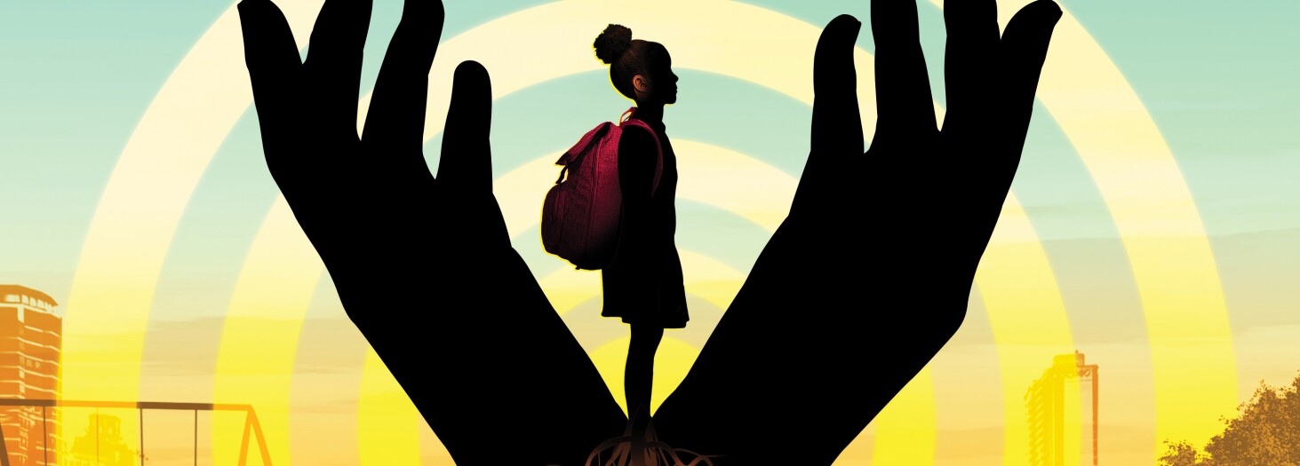 Hands holding a girl with a book bag. Girl's feet are roots that are growing into the palms of the hands holding her.