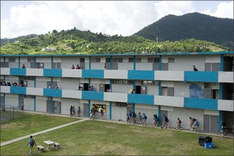 Students leave classes at the end of the second day of school at Escuela Alfonso Casta Martinez, the only high school in Manaubo, Puerto Rico.