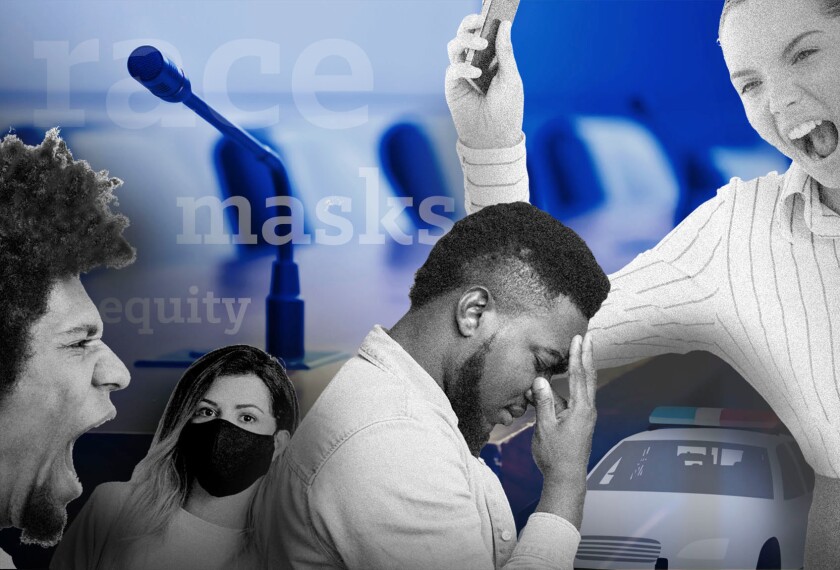 Collage of people yelling, praying, and masked in a board room.