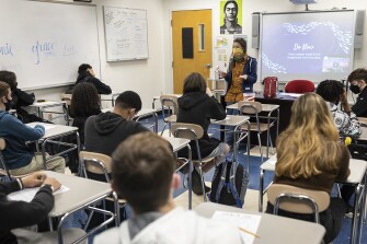 Megan Bowen walks through the lesson plan for the day during class at Salem Academy Charter School in Salem, Mass., on April 25, 2022.