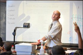 Benjamin Rockoff teaches a Word Generation vocabulary lesson in his 6th grade math class at William Barton Rogers Middle School in Boston.