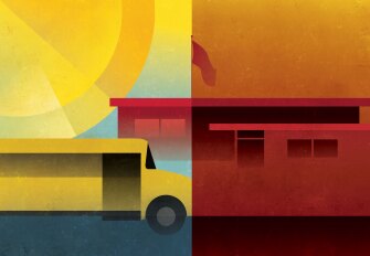 Stylized illustration of a school bus arriving at a public school split in half with a darker side of the image