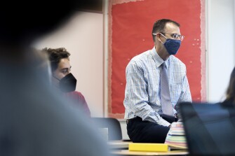 Steve McManus, the Upper School Principal of the Friends School of Baltimore, teaches his modern history class on Sept. 24, 2021.