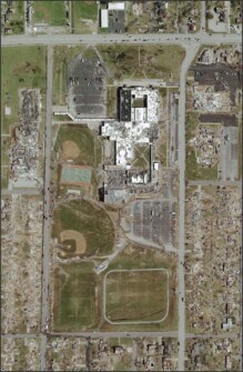This bird's-eye view shows the tornado's extensive path of destruction through Joplin High School and its surrounding neighborhood.