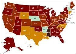 Note: To determine if there was an increase or decrease in the percent of students scoring at or above proficient on state tests, the percentage-point change between 2004 and 2005 was averaged across 4th and 8th grade reading and mathematics. Some states average additional grades in order to determine AYP status. If a state did not give tests at grade 4 or 8, the EPE Research Center accepted test results from the next closest grade level. In Ohio, only 4th grade reading and mathematics were averaged. SOURCE: Editorial Projects in Education Research Center, 2005
