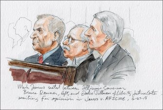 Plaintiff Mark Janus, center, sits with Illinois Gov. Bruce Rauner, left, and Liberty Justice Center founder and chairman John Tillman inside the U.S. Supreme Court as the decision in Janus v. AFSCME is delivered. The Illinois-based Liberty Justice Center has been representing Janus in his years-long challenge to union fees.
