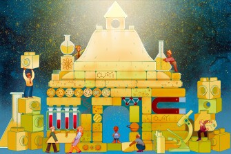 A diverse group of people building a hall of science using scientific tools, blocks, and symbols.