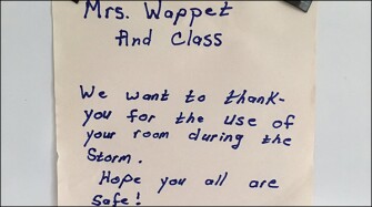 An evacuee who stayed at the emergency shelter at Sessums Elementary School in Riverview, Fla., left a note of gratitude to a teacher and students.