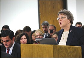 Superintendent of Public Instruction Diane Douglas appears before the Senate Education Committee in Phoenix, Ariz., on on Feb. 4. Douglas tried to persuade the committee not to advance a bill she contends gives some of her powers to the Board of Education. The committee passed the bill on a 5-2 vote.