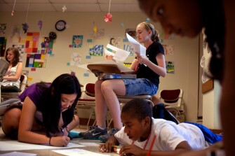 Rural Connections scholar Catherine Schlenker, 13, center, works surrounded by fellow students including from left: Abigail Melton, 13; Grace Lee, 13; Nadir Dunns-Thornes, 13; and Jayna Viswalingam, 13, far right. Ms. Schlenker was among several rural students taking part in the camp through a scholarship program being offered for the first time this year during the summer program at Lafayette College in Easton, Pa.