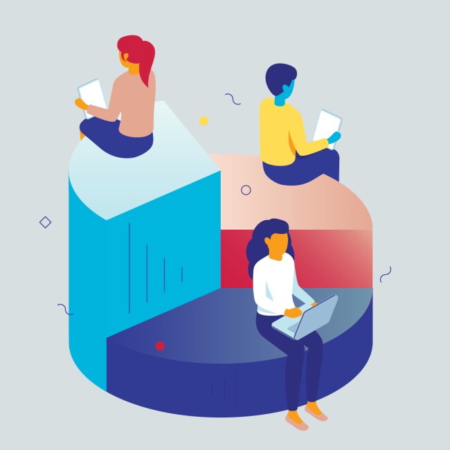 Illustration of students reading with pie chart.