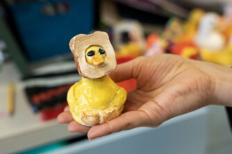 One of the many art projects on display around the school, middle school students created an array of ducks, including this 'inbred duck', pictured on March 30, 2023.
