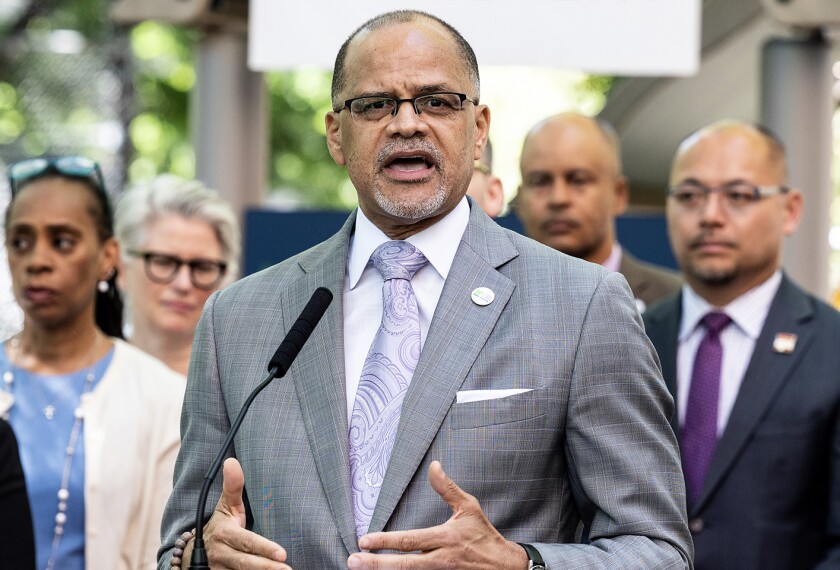 New York City School Chancellor David Banks speaking at an event at the Union Settlement Union Carver Center where the Mayor talked about a plan to improve child care and early childhood education.
