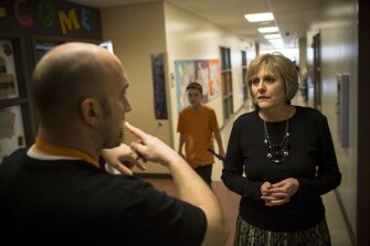 Digital literacy teacher Nick Schuster updates Julie Bowline on Rocky Top Middle School’s utilization of technology.