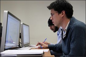 Mario Martinez, a graduate student in California State University Northridge’s teacher preparation program, examines a high school algebra test he created for a class assignment.