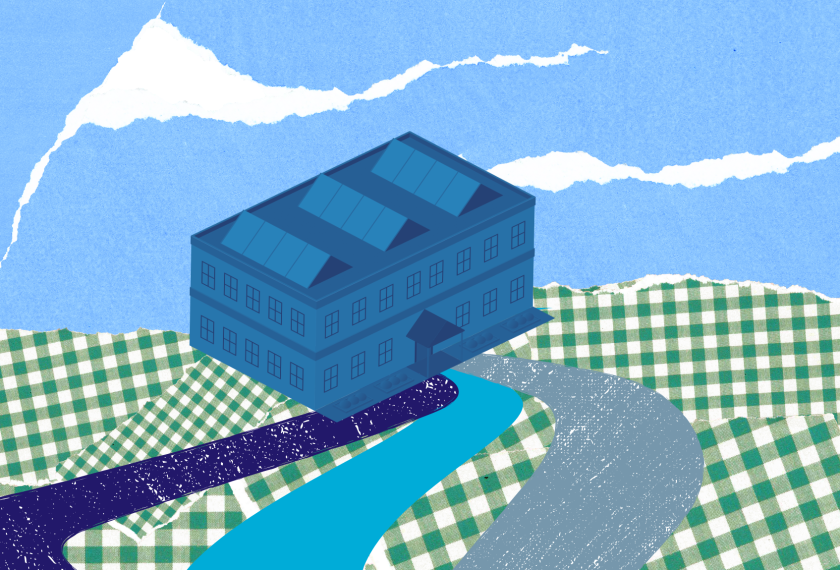 Artistic image of multiple paths leading to a school building.