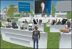 Personalized digital characters known as avatars, each representing a user of the Web site Second Life, watch MacArthur Foundation President Jonathan Fanton speak during an Oct. 19 event in New York City to announce the philanthropy's digital-learning initiative.