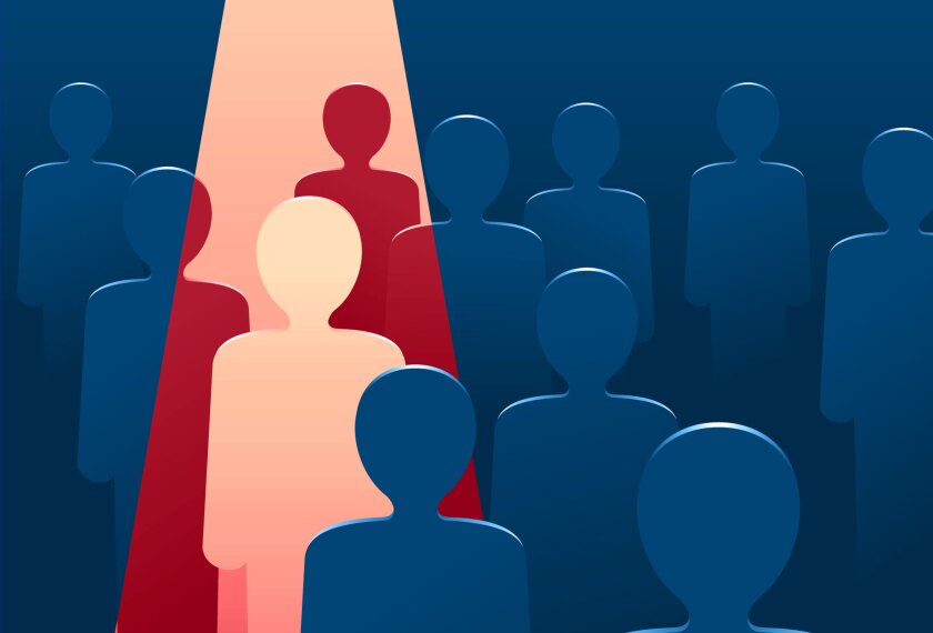 Illustration of a crowd of figures with a spotlight highlighting a selected person.