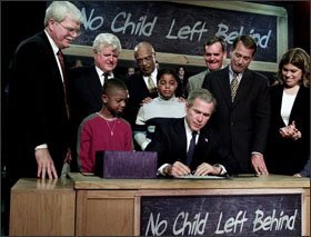 Jan. 8, 2002: President George W. Bush signs the No Child Left Behind Act at Hamilton High School in Hamilton, Ohio. The NCLB law updated the ESEA and significantly ratcheted up the federal role in education.