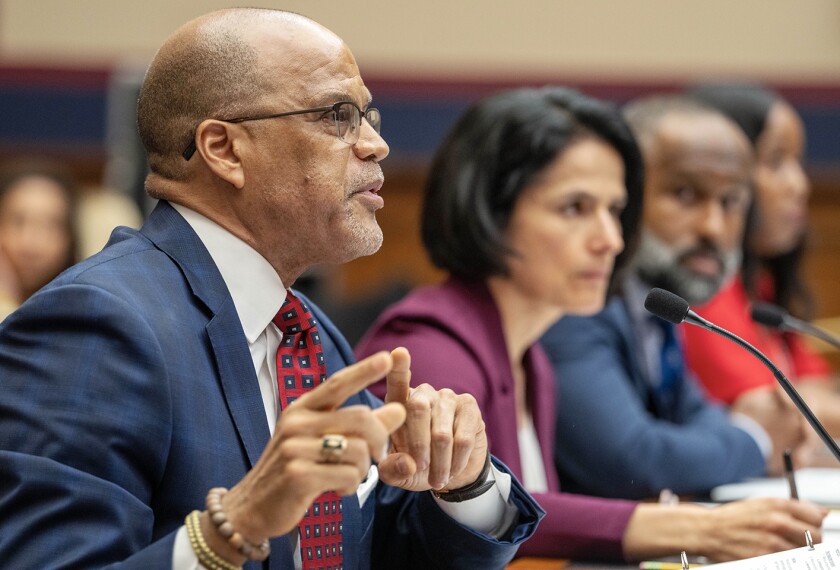From left, David Banks, chancellor of New York Public schools, speaks next to Karla Silvestre, President of the Montgomery Count (Md.) Board of Education, Emerson Sykes, Staff Attorney with the ACLU, and Enikia Ford Morthel, Superintendent of the Berkeley United School District, during a hearing on antisemitism in K-12 public schools, at the House Subcommittee on Early Childhood, Elementary, and Secondary Education, on May 8, 2024, on Capitol Hill in Washington.