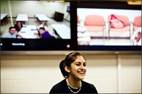 Julie Mayfield teaches an advanced Spanish class at Upperman High School in Baxter, Tenn., while her online students taking the class from other sites listen and watch.