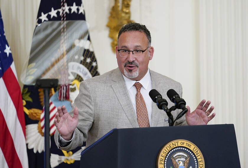 Education Secretary Miguel Cardona speaks during the 2022 National and State Teachers of the Year event in the East Room of the White House in Washington, Wednesday, April 27, 2022.