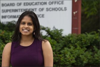 Ananya Tadikonda poses for a portrait outside the Montgomery County, Md. school board office. Tadikonda, the 2018-19 student board member, will be attending UNC Chapel Hill in the fall to study public health.