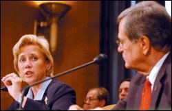 Sen. Mary L. Landrieu, D-La., joins Sen. Trent Lott, R-Miss., at a subcommittee meeting in September to discuss proposals on federal aid to help schools cope with the aftermath of the recent hurricanes.