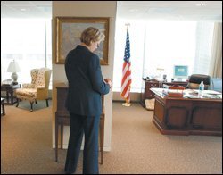 U.S. Secretary of Education Margaret Spellings points out favorite objects in her office last week. The secretary this week finishes a first year in office that has included the expected and the unexpected.