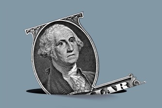 A sinking U.S. dollar as George Washington from the one dollar bill sinks into a hole with wide, fearful eyes.