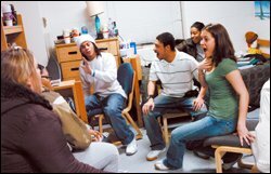 Room Raiders: Stephanie Kwader, right, jokes with her friends, from left, Carolyn Mills, Lindsay Hicks (partially obscured), Avery Ogletree, Marcus Brooks, and Rocelyn Freeman, in Mr. Brooks' Bowie State University dorm room last month.