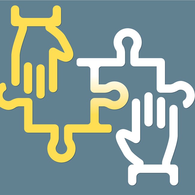 Image shows 2 puzzle pieces being fit together through parnership.