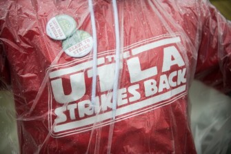 Ponchos and red T-shirts were seen outside Hollywood’s Vine Street Elementary School on the first day of the strike.