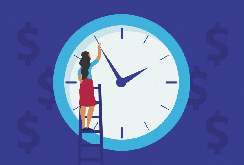 Illustration of woman turning back hands on clock. 