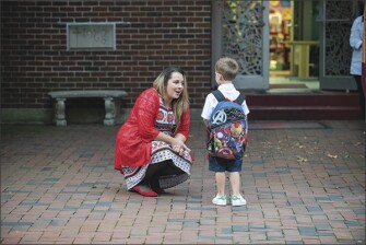 Jayda Pugliese, the principal at St. Mary Interparochial School in Philadelphia, greets students each morning as they arrive. Pugliese teaches one period each week in every grade level as one way to demonstrate support for her teachers.