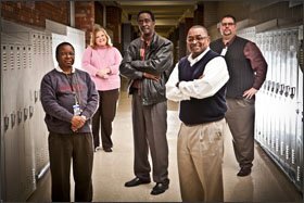 Aid from the stimulus program is paying for this team of staff members at Gilcrease Middle School, in Tulsa, Okla., which has dealt with discipline and safety issues. From left are Tyrone Pelzer, Mary Ornelas, Eli Brown, Verdell Schoats, and Brian Davis. The federal money also is financing an extra 90 minutes for teachers and 70 minutes for students each day at the 330-student school.