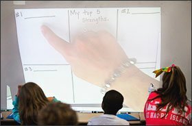 Michelle Ellis, a counselor at Amity Elementary, points to a form for students to use to determine their best character qualities. Ellis spends time once a month with each class to help students pinpoint their character strengths using the Happify gaming platform.
