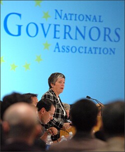 Arizona Gov. Janet Napolitano, chairperson of the National Governors Association, opens the organization's 99th annual meeting in Acme, Mich., on July 21.