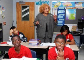 Doris R. Hicks, the principal at King, talks to 8th graders about the importance of their quarterly tests coming up this week.