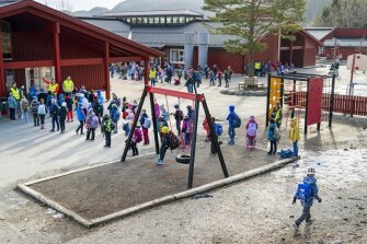 Vikasen school in Trondheim, Norway, as schools opened their doors on Monday, April 27, 2020. All students are divided into groups, must bring their own school equipment, and they are trained to stay one meter away from fellow pupils.