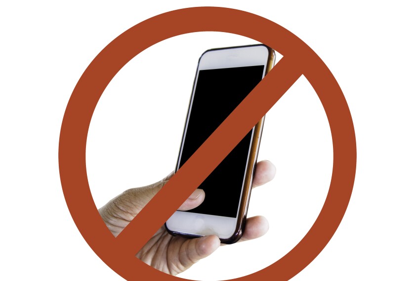 Photo illustration of cell phone with red circle and slash.
