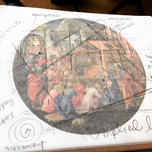 This is the tracing paper that I used with "Adoration of the Magi." Notice my notes on the lines and movement.