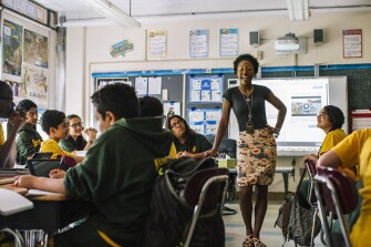 Tai D. Matthews, a humanities teacher at the Paterson Academy for the Gifted and Talented, was a student in the district herself and is incredibly passionate about the challenges of finding and supporting gifted students from poor and minority backgrounds. Here, she teaches a lesson on Ancient Greece in her 6th grade social studies class.
