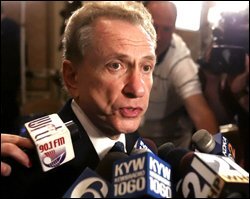 Republican U.S. Sen. Arlen Specter talks to reporters at his election night headquarters in Philadelphia Tuesday, Nov. 2, 2004. Specter was seeking to secure a fifth term against challengers, including Democrat challenger Joe Hoeffel.