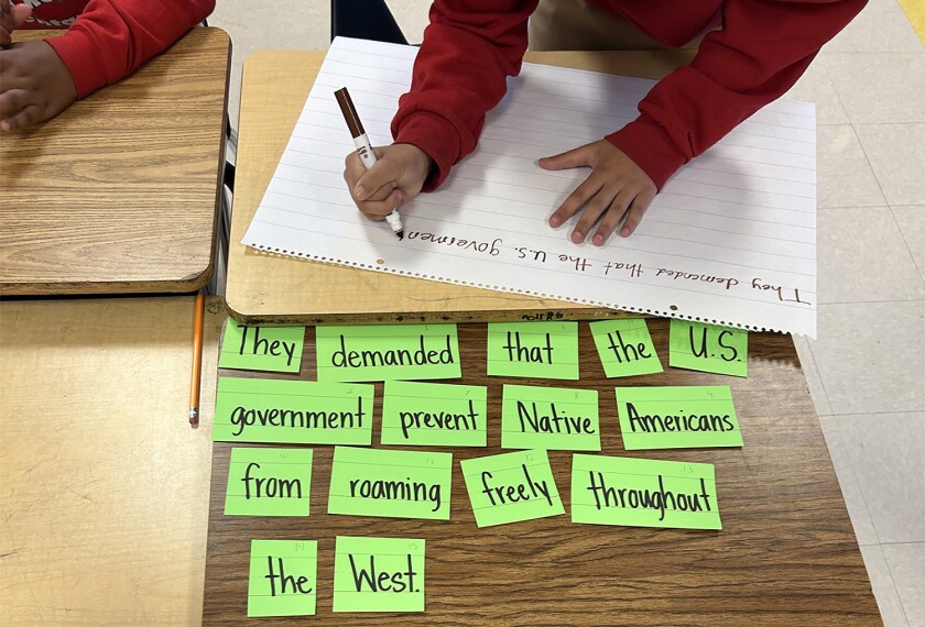 5th grade classroom in February. A morpheme word sort, sentence combining practice, and syntax surgery.