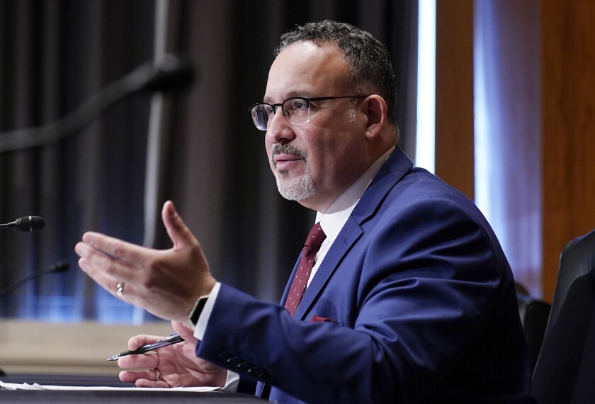 Education Secretary nominee Miguel Cardona testifies before the Senate Health, Education, Labor and Pensions committee during his confirmation hearing Feb. 3, 2021.