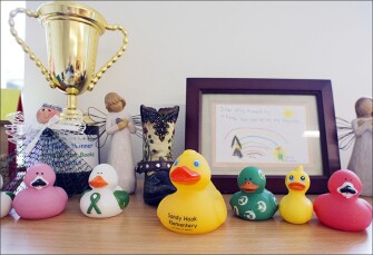 Colored toy ducks are placed in a classroom at the new Sandy Hook Elementary School.