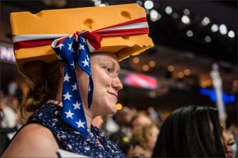 Wisconsin delegate Karla Stoebig waits for her state’s turn to cast delegate votes during the roll call on the second night of the Democratic National Convention.
