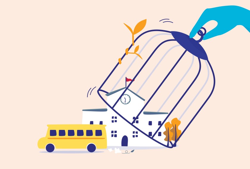 Illustration of school and bus